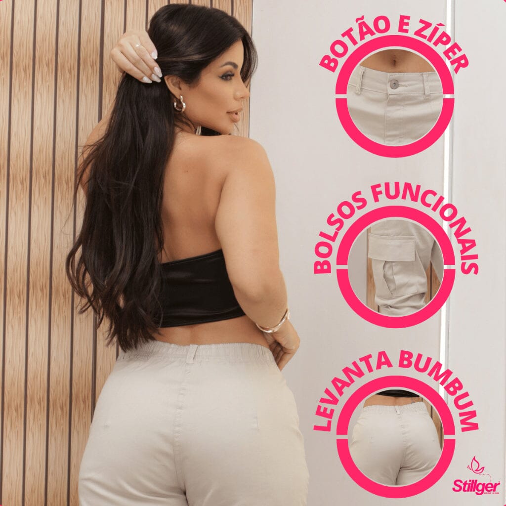 Calça Cargo Feminina Jogger Com Bolso Lateral Bege Com Lycra Stillger Jeans Loja Facilitez