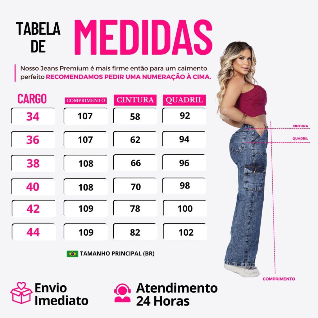 Calça Cargo Jeans Feminina Bolso Lateral Cintura Alta Wide Leg Pantalona Loja Facilitez