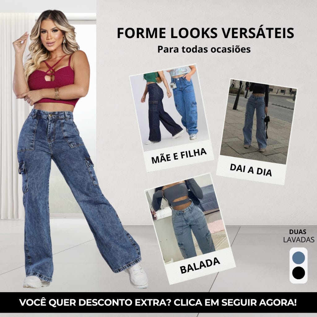 Calça Cargo Jeans Feminina Bolso Lateral Cintura Alta Wide Leg Pantalona Loja Facilitez