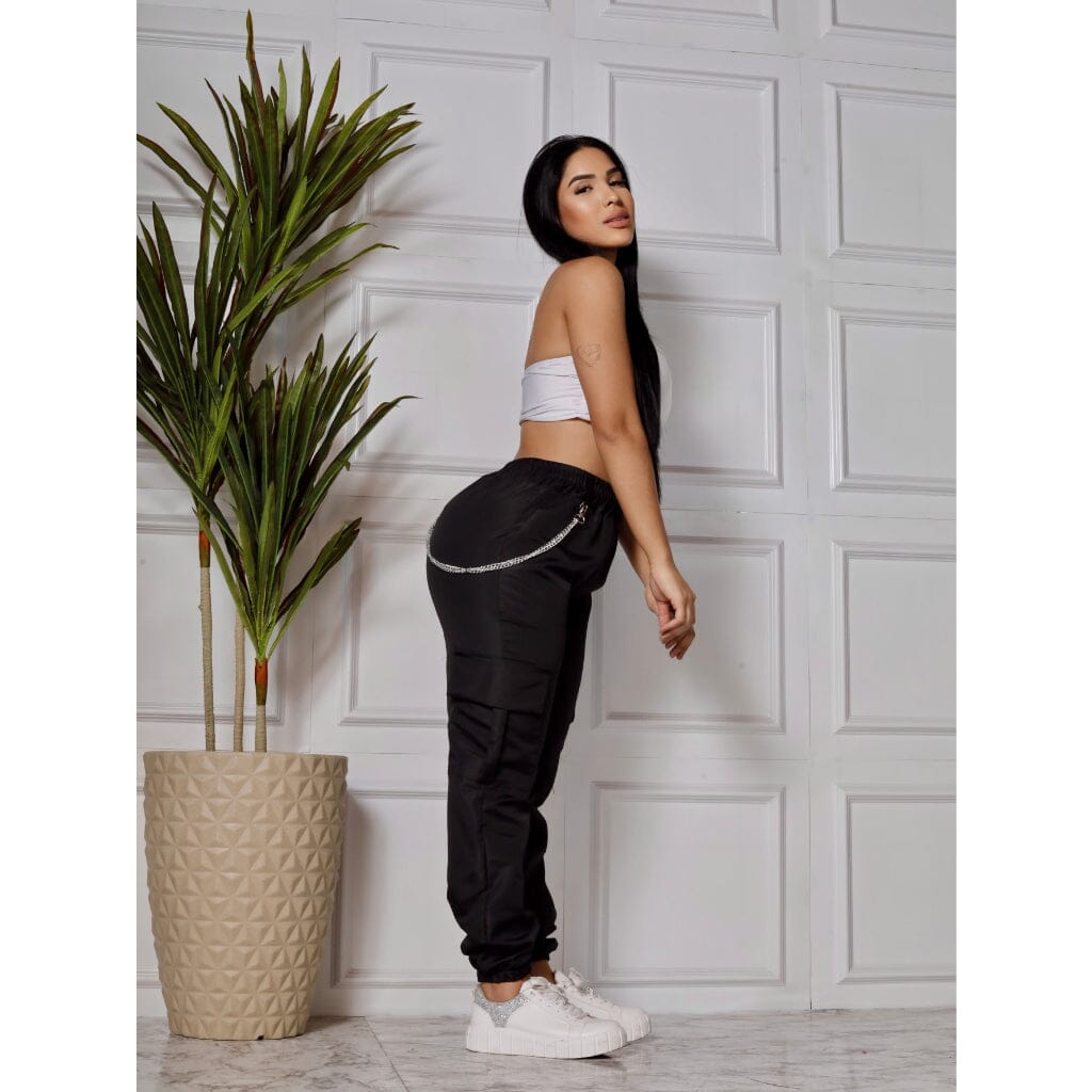 Calça Feminina Cargo Jogger Cinto Corrente Salopete Com Corrente Tactel Moda Gringa Unissex Loja Facilitez