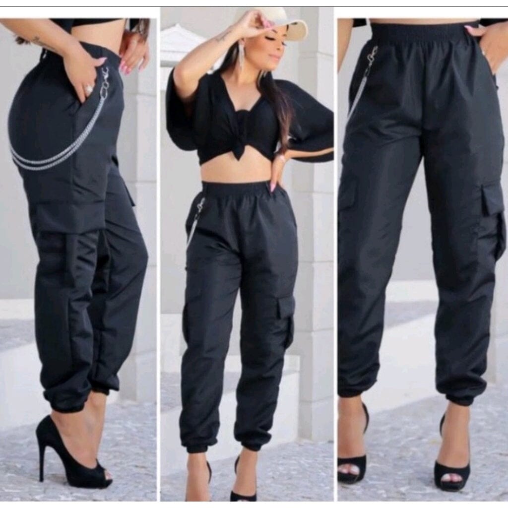 Calça Feminina Cargo Jogger Cinto Corrente Salopete Com Corrente Tactel Moda Gringa Unissex Loja Facilitez
