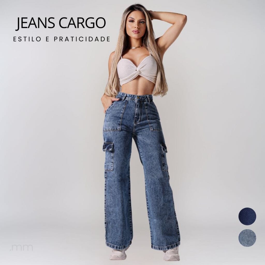 Calça Jeans Cargo Moda Feminina Pantalona Bolso Lateral Cintura Alta Jeans Confortável Premium Loja Facilitez