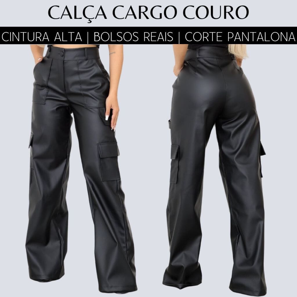 Calça Pantalona Wide Leg Reta Cargo Couro Fake Cintura Alta Moda Gringa Bolso Lateral Loja Facilitez