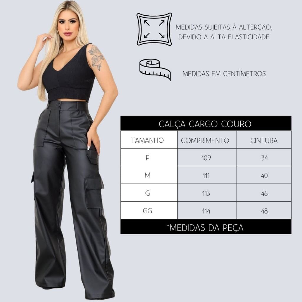 Calça Pantalona Wide Leg Reta Cargo Couro Fake Cintura Alta Moda Gringa Bolso Lateral Loja Facilitez