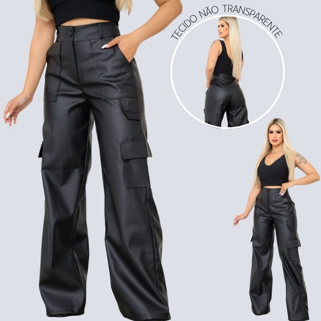 Calça Pantalona Wide Leg Reta Cargo Couro Fake Cintura Alta Moda Gringa Bolso Lateral Loja Facilitez