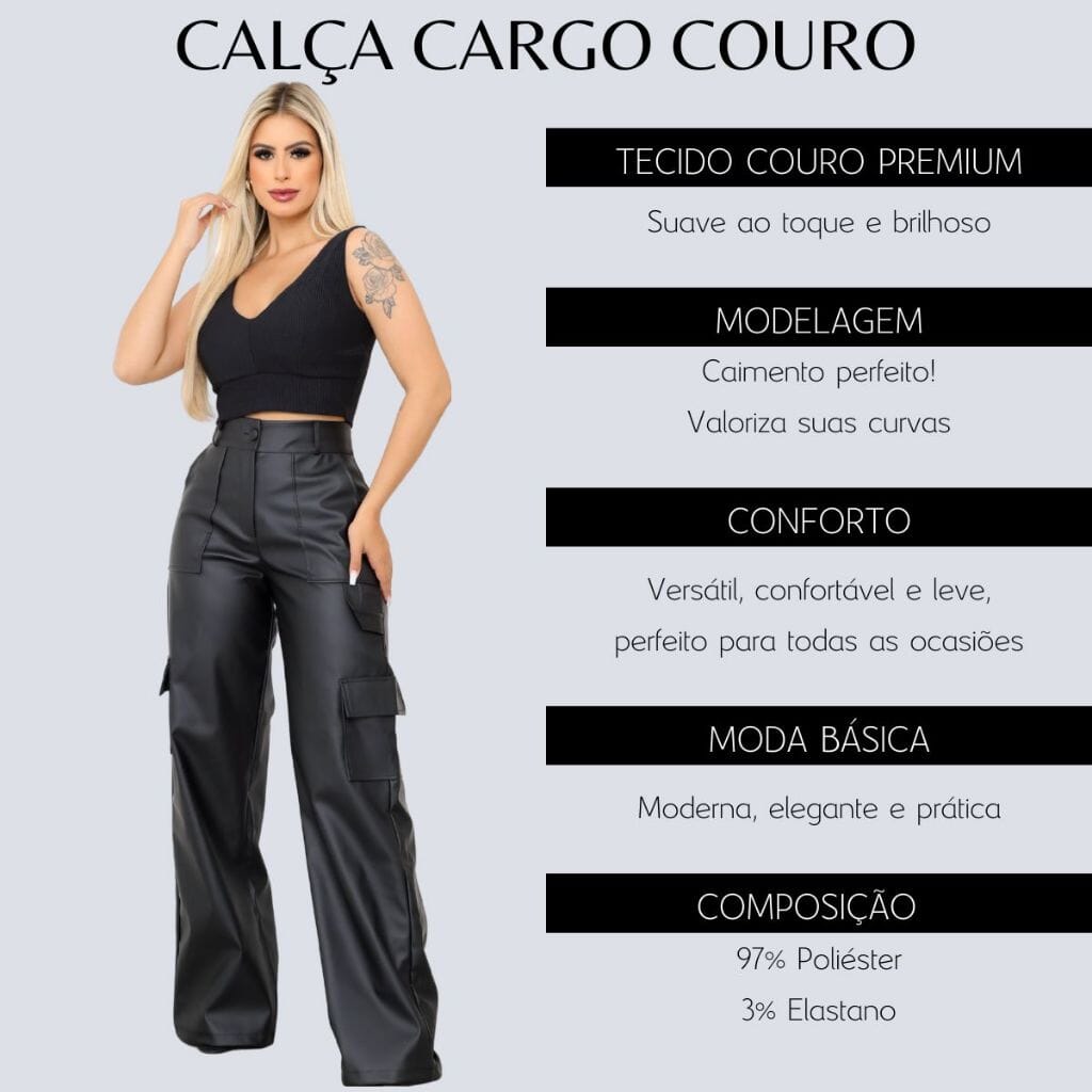 Calça Pantalona Wide Leg Reta Cargo Couro Fake Cintura Alta Moda Gringa Bolso Lateral Loja Facilitez