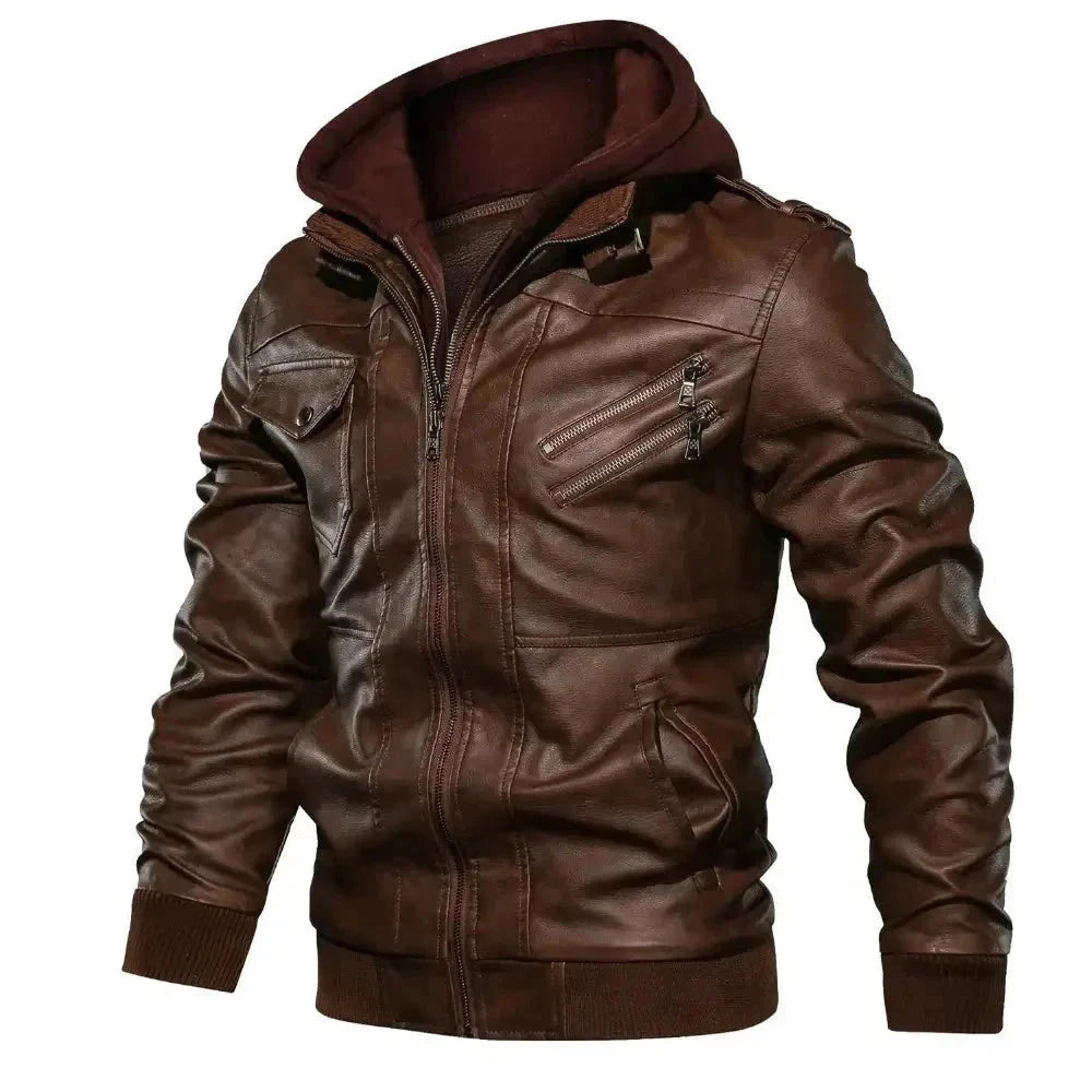 Jaqueta de Couro Masculina com Capuz Jaqueta de Couro Masculina com Capuz Removível Sr Alpha