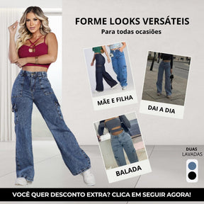 Calça Cargo Jeans Feminina Bolso Lateral Cintura Alta Wide Leg Pantalona Loja Facilitez 