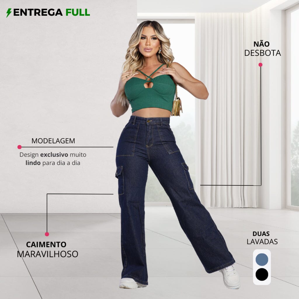 Calça Cargo Jeans Feminina Bolso Lateral Cintura Alta Wide Leg Pantalona Loja Facilitez 