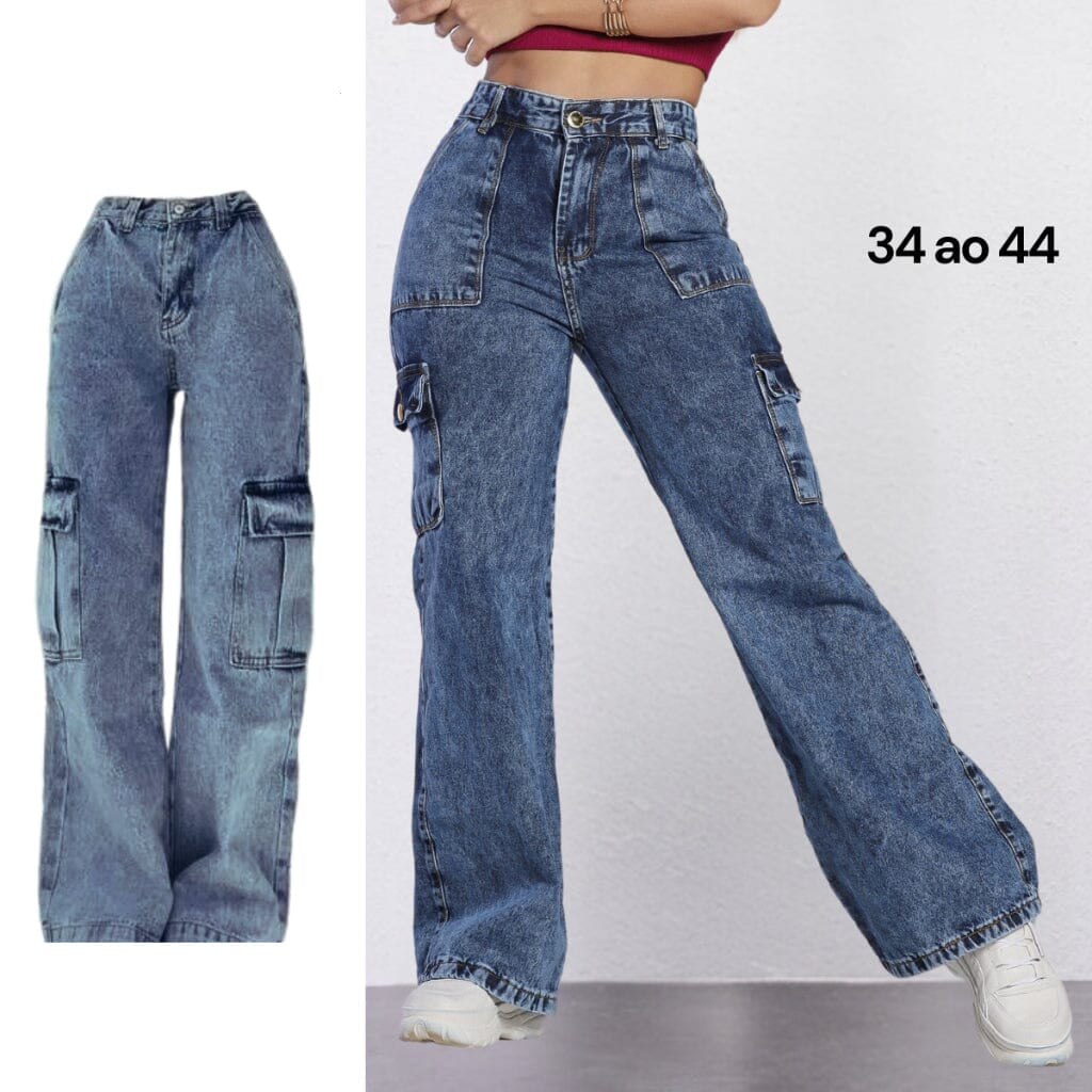 Calça Cargo Jeans Feminina Bolso Lateral Cintura Alta Wide Leg Pantalona Loja Facilitez 