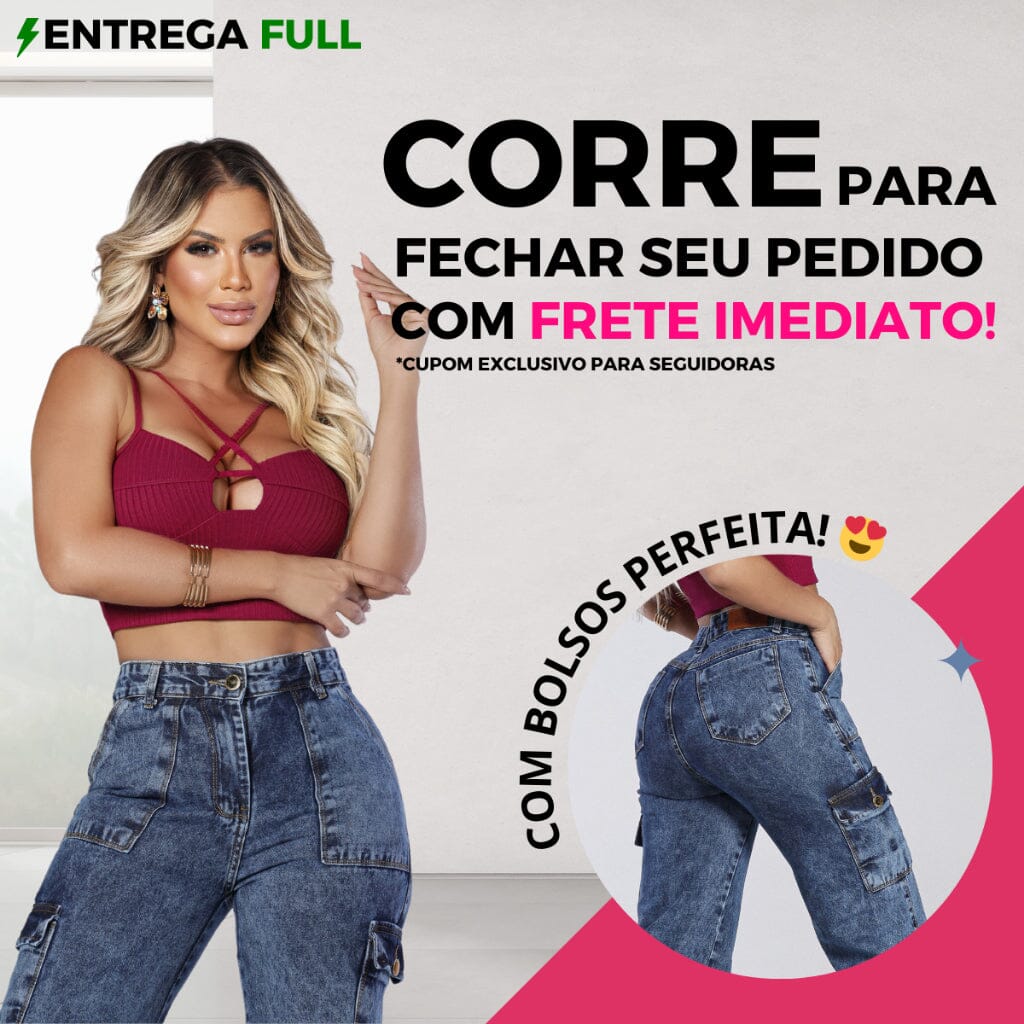 Calça Cargo Jeans Feminina Bolso Lateral Cintura Alta Wide Leg Pantalona Loja Facilitez 