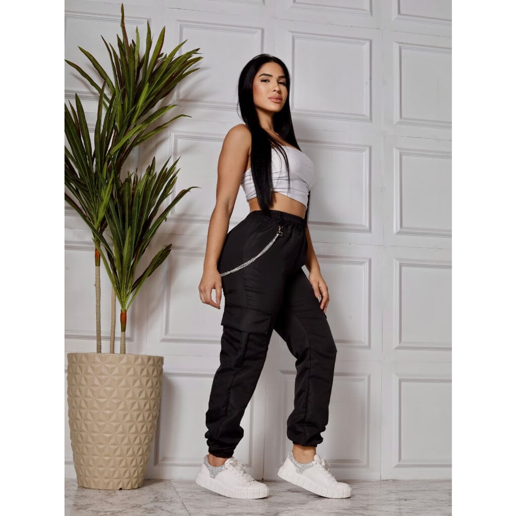 Calça Feminina Cargo Jogger Cinto Corrente Salopete Com Corrente Tactel Moda Gringa Unissex Loja Facilitez 
