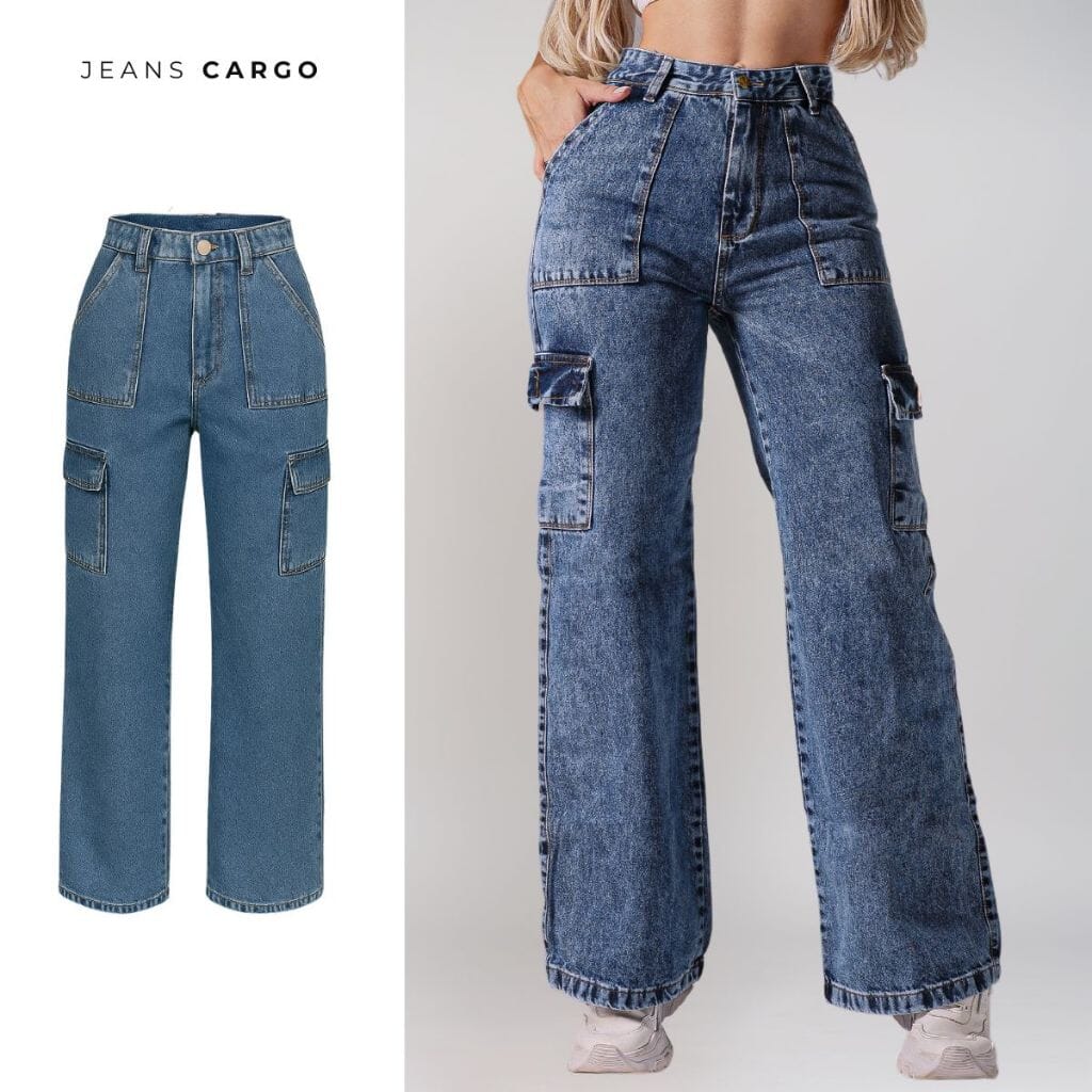 Calça Jeans Cargo Moda Feminina Pantalona Bolso Lateral Cintura Alta Jeans Confortável Premium Loja Facilitez 