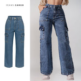Calça Jeans Cargo Moda Feminina Pantalona Bolso Lateral Cintura Alta Jeans Confortável Premium Loja Facilitez 
