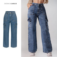 Calça Jeans Cargo Moda Feminina Pantalona Bolso Lateral Cintura Alta Jeans Confortável Premium Loja Facilitez 