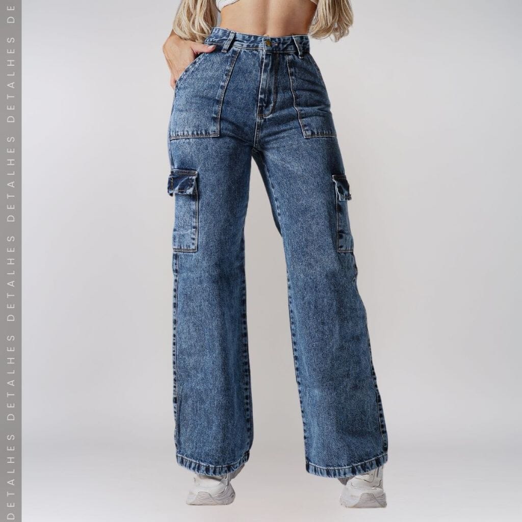Calça Jeans Cargo Moda Feminina Pantalona Bolso Lateral Cintura Alta Jeans Confortável Premium Loja Facilitez 