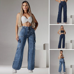 Calça Jeans Cargo Moda Feminina Pantalona Bolso Lateral Cintura Alta Jeans Confortável Premium Loja Facilitez 