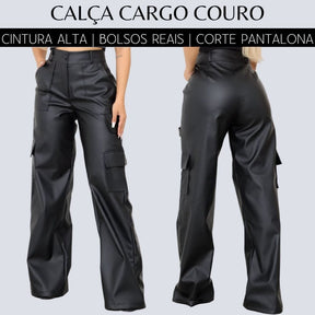 Calça Pantalona Wide Leg Reta Cargo Couro Fake Cintura Alta Moda Gringa Bolso Lateral Loja Facilitez 