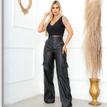 Calça Pantalona Wide Leg Reta Cargo Couro Fake Cintura Alta Moda Gringa Bolso Lateral Loja Facilitez 