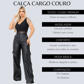 Calça Pantalona Wide Leg Reta Cargo Couro Fake Cintura Alta Moda Gringa Bolso Lateral Loja Facilitez 