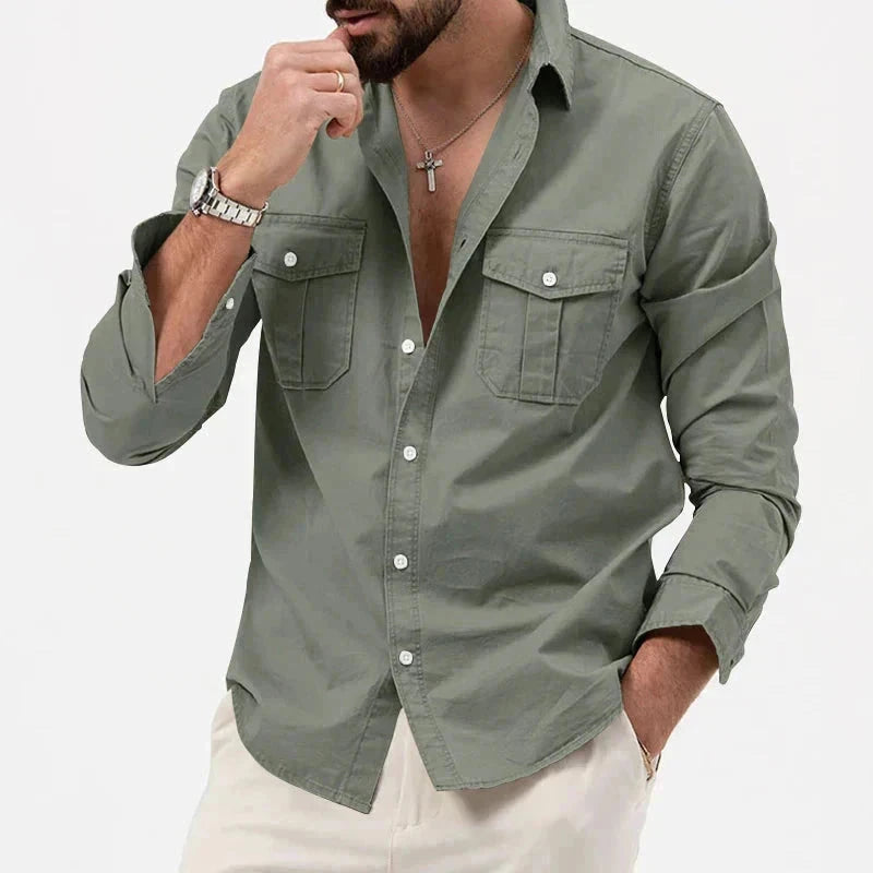 Camisa Masculina Casual Manga Longa Dois Bolsos G20 CamisaBasica 03 Sr Aflha Verde acinzentado P 
