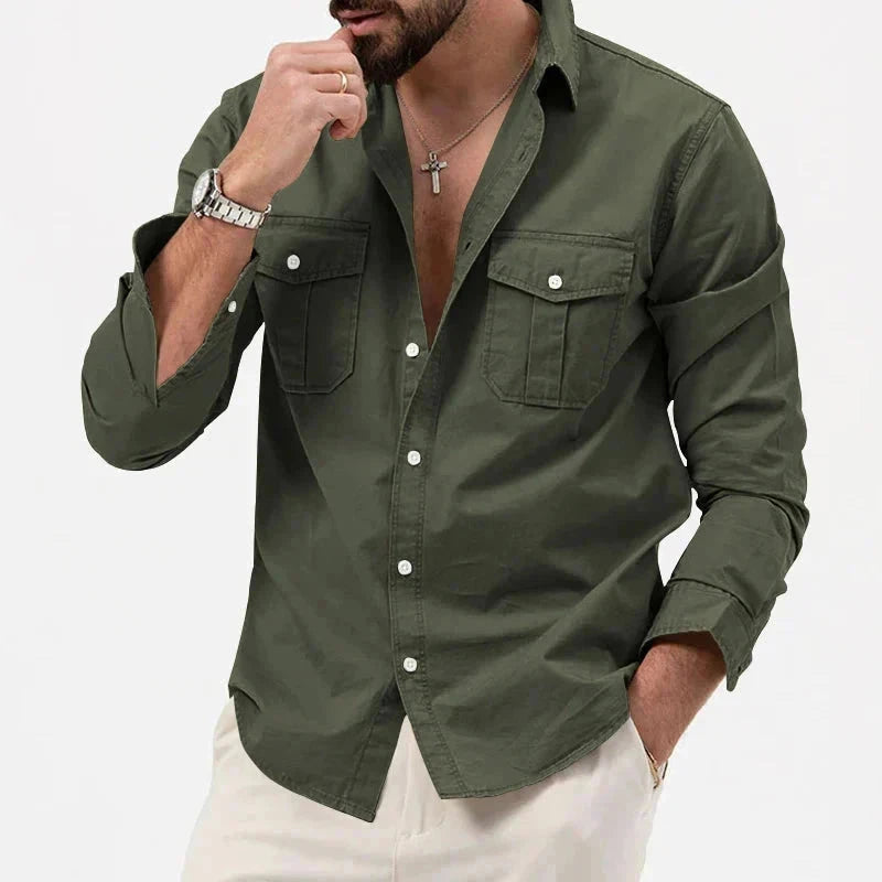 Camisa Masculina Casual Manga Longa Dois Bolsos G20 CamisaBasica 03 Sr Aflha Verde exército P 