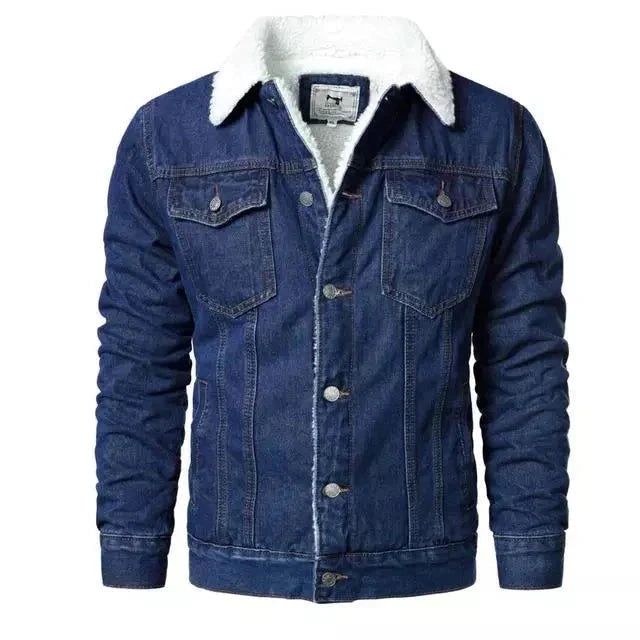 Jaqueta Masculina Jeans Com Lã Jaqueta Jeans Masculina Forrada em Lã Sr Alpha Azul Escuro PP 